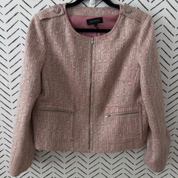Talbots Blazer Pink Tweed Jackie Moto Full Zip Jacket Office Core Size 12 - Picture 1 of 9